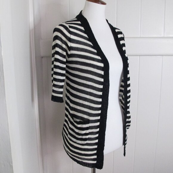 Kerisma | Lightweight Open Front Half Sleeve Striped Pocket Cardigan w/ Stretch - Picture 1 of 10